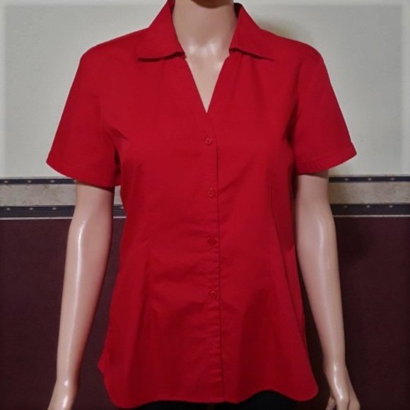 BASIC EDITIONS DEEP RED COLLARED BUTTON DOWN BLOUSE SIZE S NWOT - Picture 1 of 4